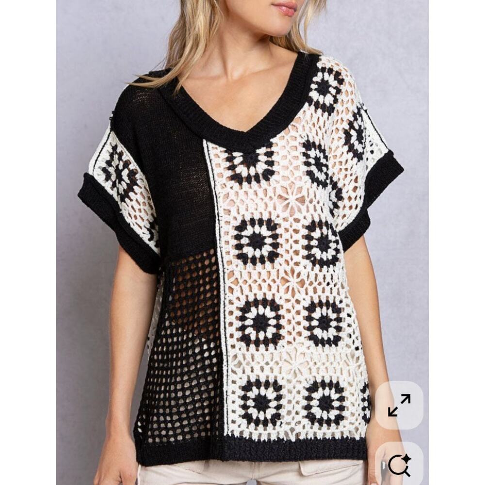 POL Black White Patchwork Crochet Macrame Knit V … - image 1
